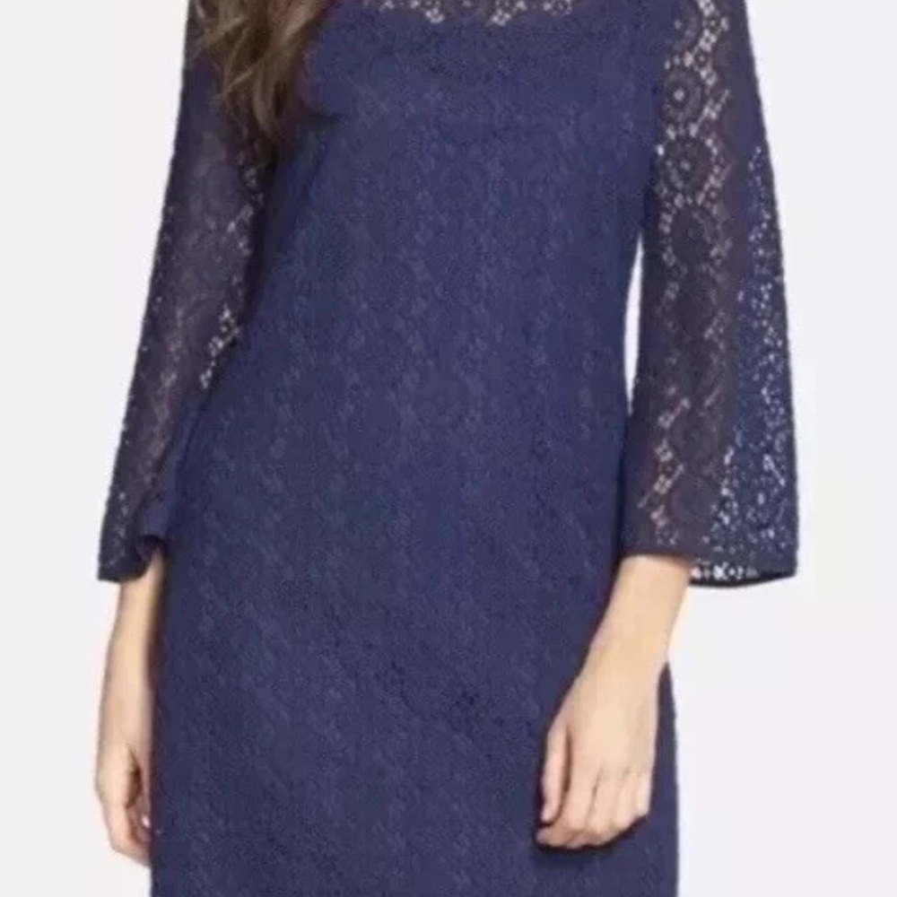 Lilly Pulitzer Topanga True Navy Blue Breakers Lace Dress Medium Bell Sleeves - Picture 6 of 13